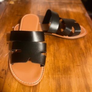 Black Leather Slide Sandals
